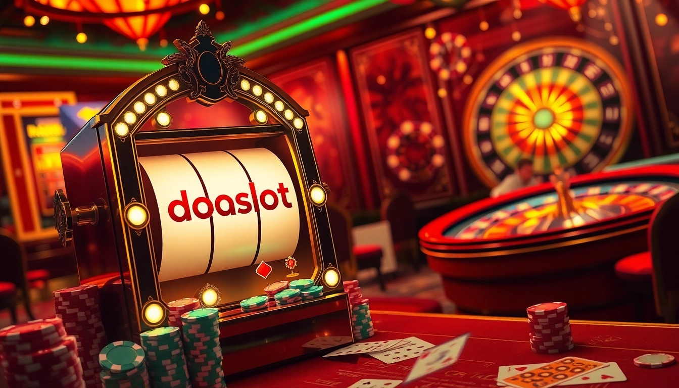 Players enjoying the thrill of doaslot on an elegant slot machine amidst vibrant casino lights.