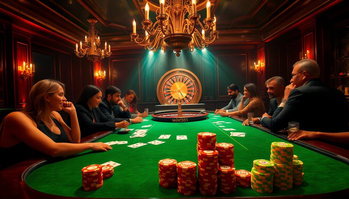 Players enjoying a thrilling poker game at a luxurious casino table featuring win55 poker chips.