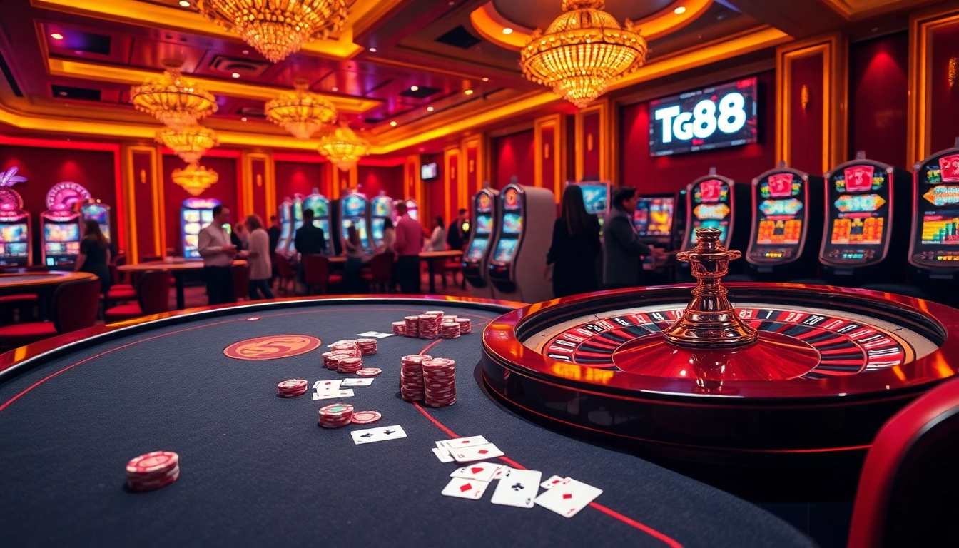 Experience the thrill of casino gaming at TG88 with vibrant tables, chips, and roulette wheels.