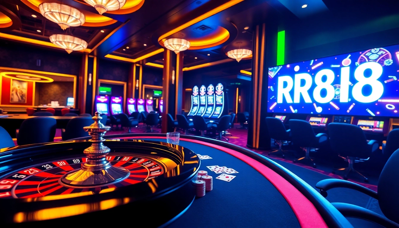 Players engaging at RR88's modern casino tables with roulette and poker action.