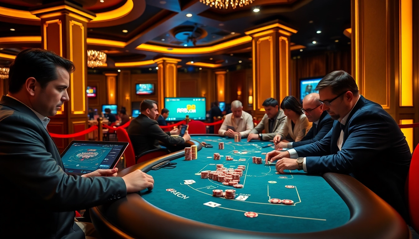 Players winning big at rr88.com poker tables, showcasing luxury and excitement in a vibrant casino setting.