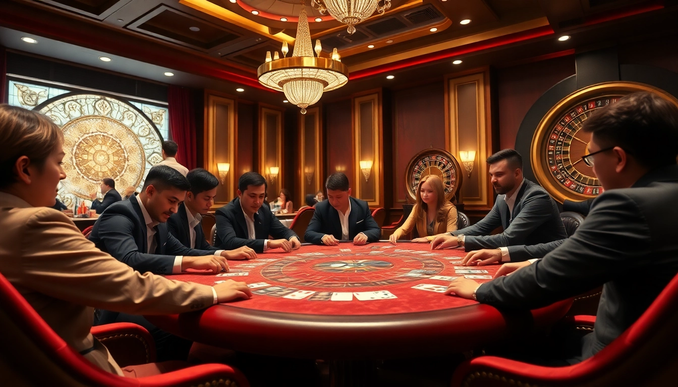 Players strategizing at a poker table, highlighting the Liên Minh KJC elite gaming experience.