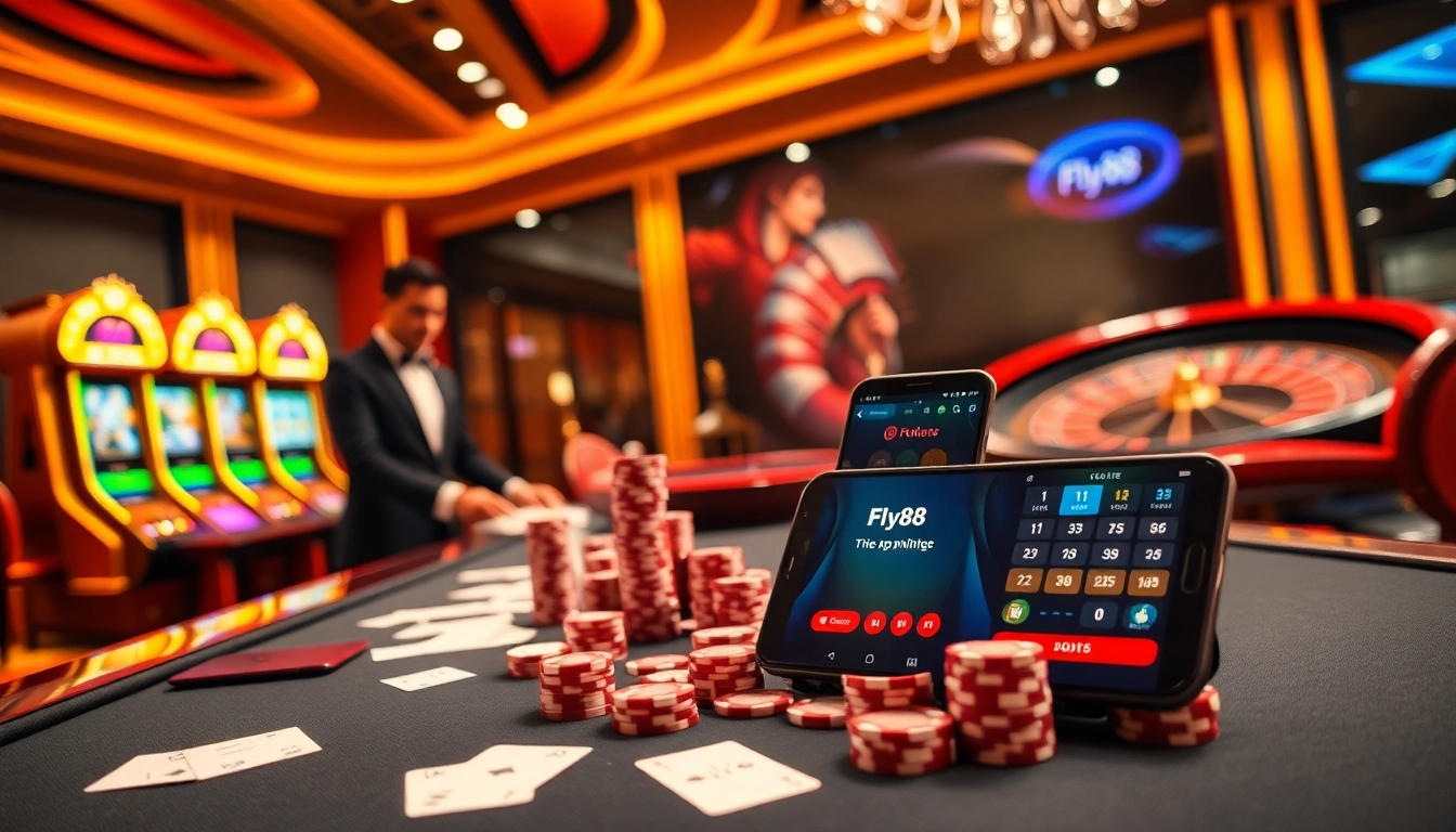 Engage in the excitement of online gambling with the Fly88 platform, featuring vibrant casino tables and slot machines.