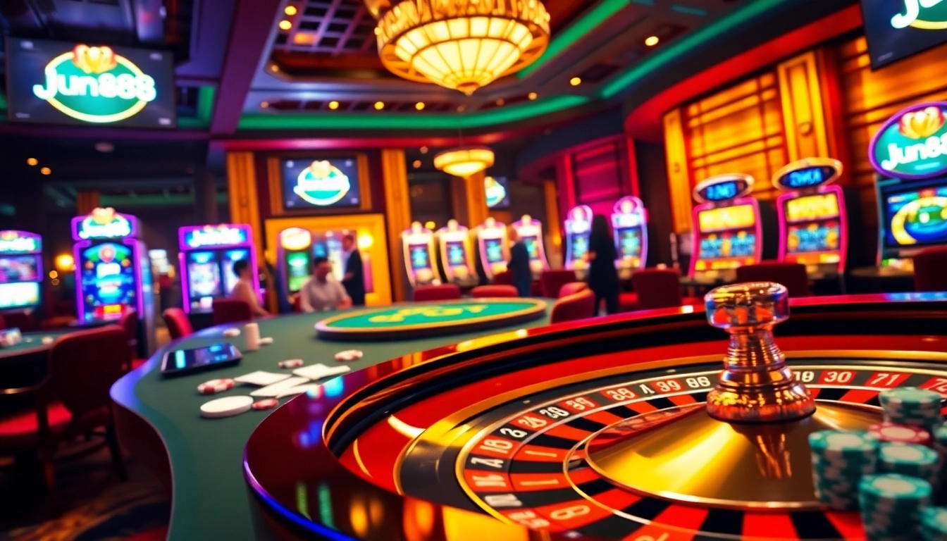 Exciting casino scene showcasing players engaging with Jun888 roulette and slot machines.