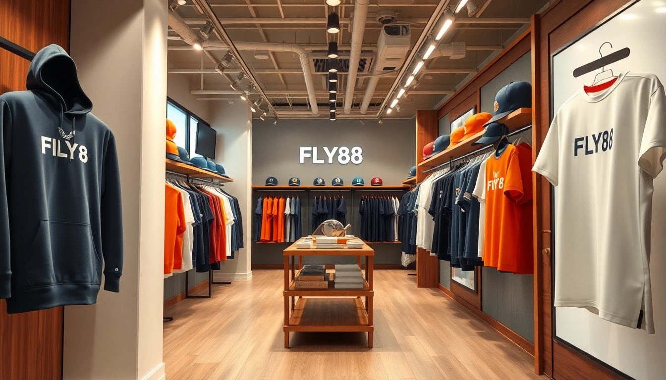 FLY88 aviation-inspired apparel in a modern retail space, showcasing stylish clothing.