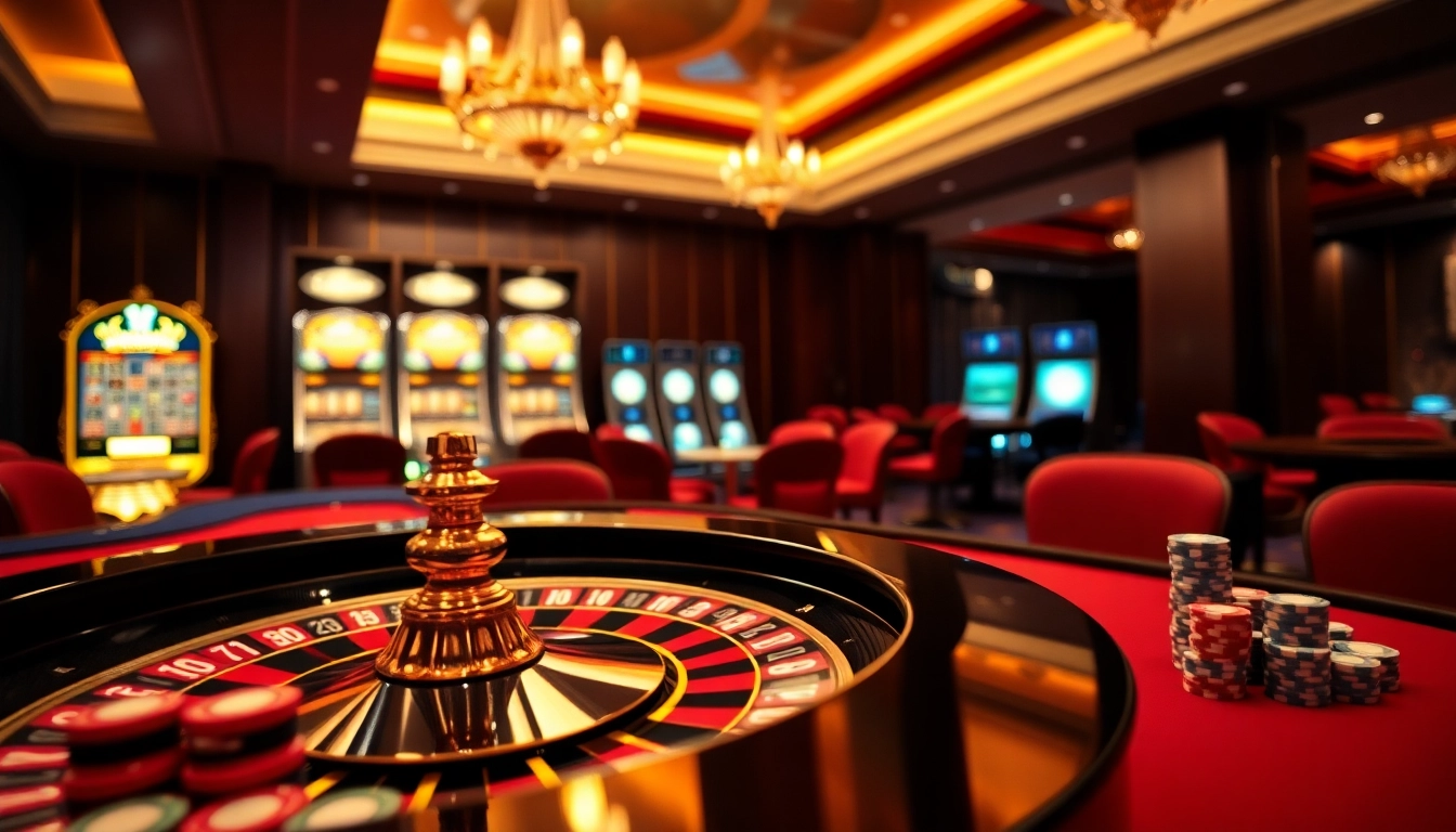 Engaging gamblers at a luxurious mm88 london casino table with roulette wheel and poker chips.