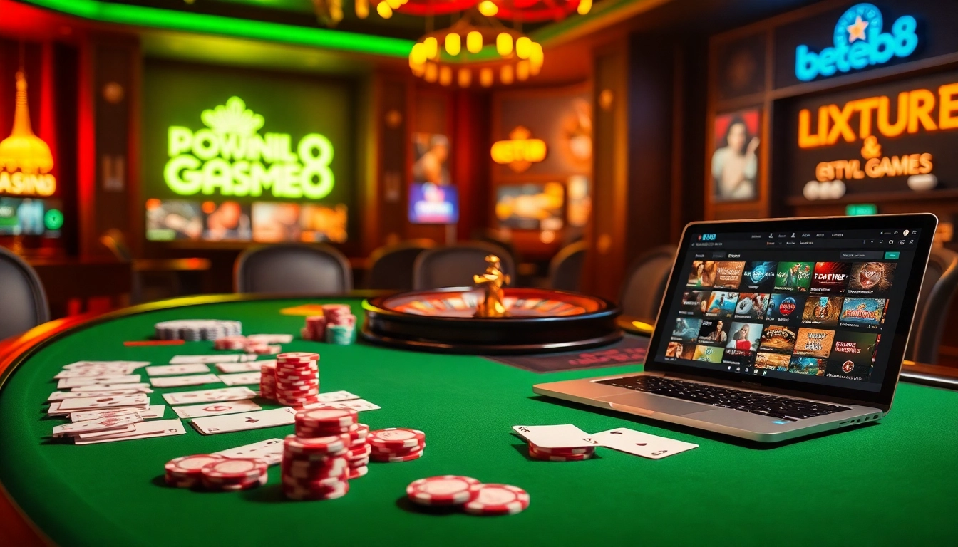 Experience the thrill of betting at bet88.com with an elegant casino scene rich in poker chips and cards.