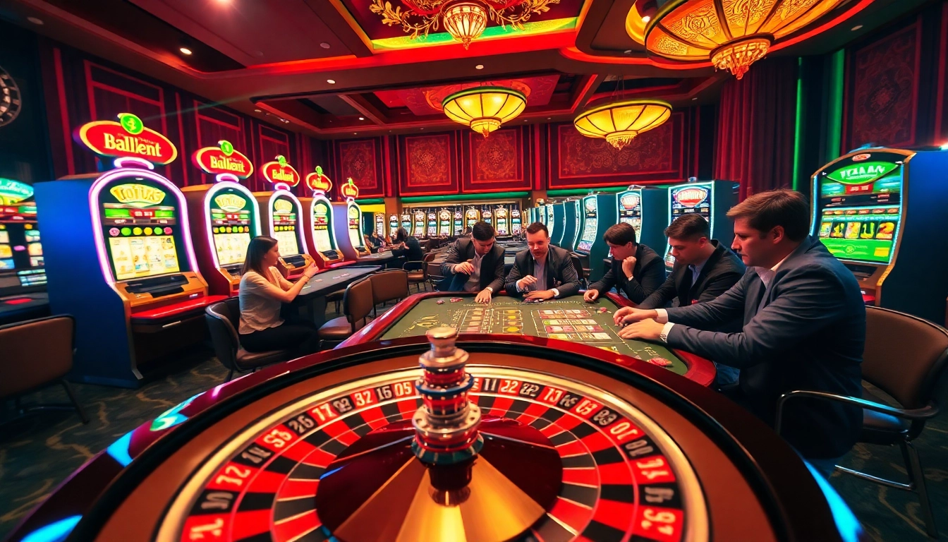 RAJABARONG showcases thrilling casino action with players at roulette and blackjack tables.