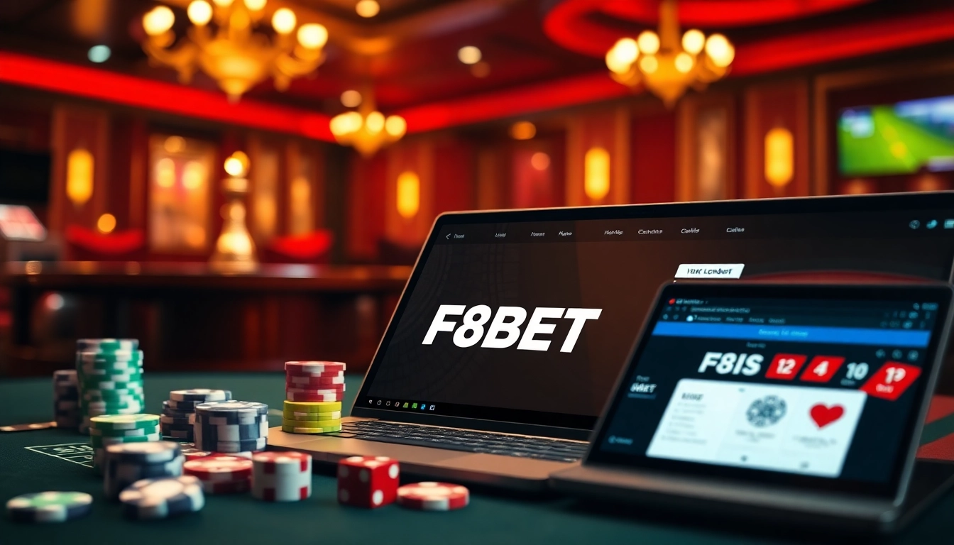 Link F8BET showcasing an exciting online gambling atmosphere with poker chips and a roulette wheel.