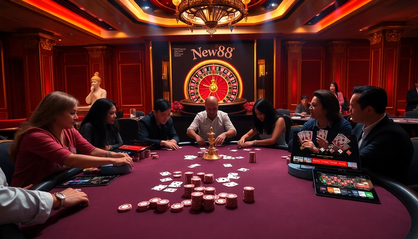 Engaging online gambling experience at https://vnew88.vip/ with vibrant casino tables and excited players.