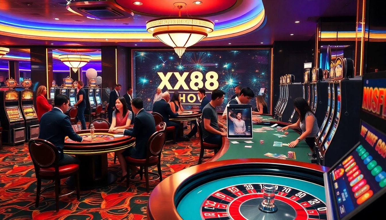 Engaging casino scene illustrating players enjoying games with XX88 HOW, showcasing excitement and luxury.