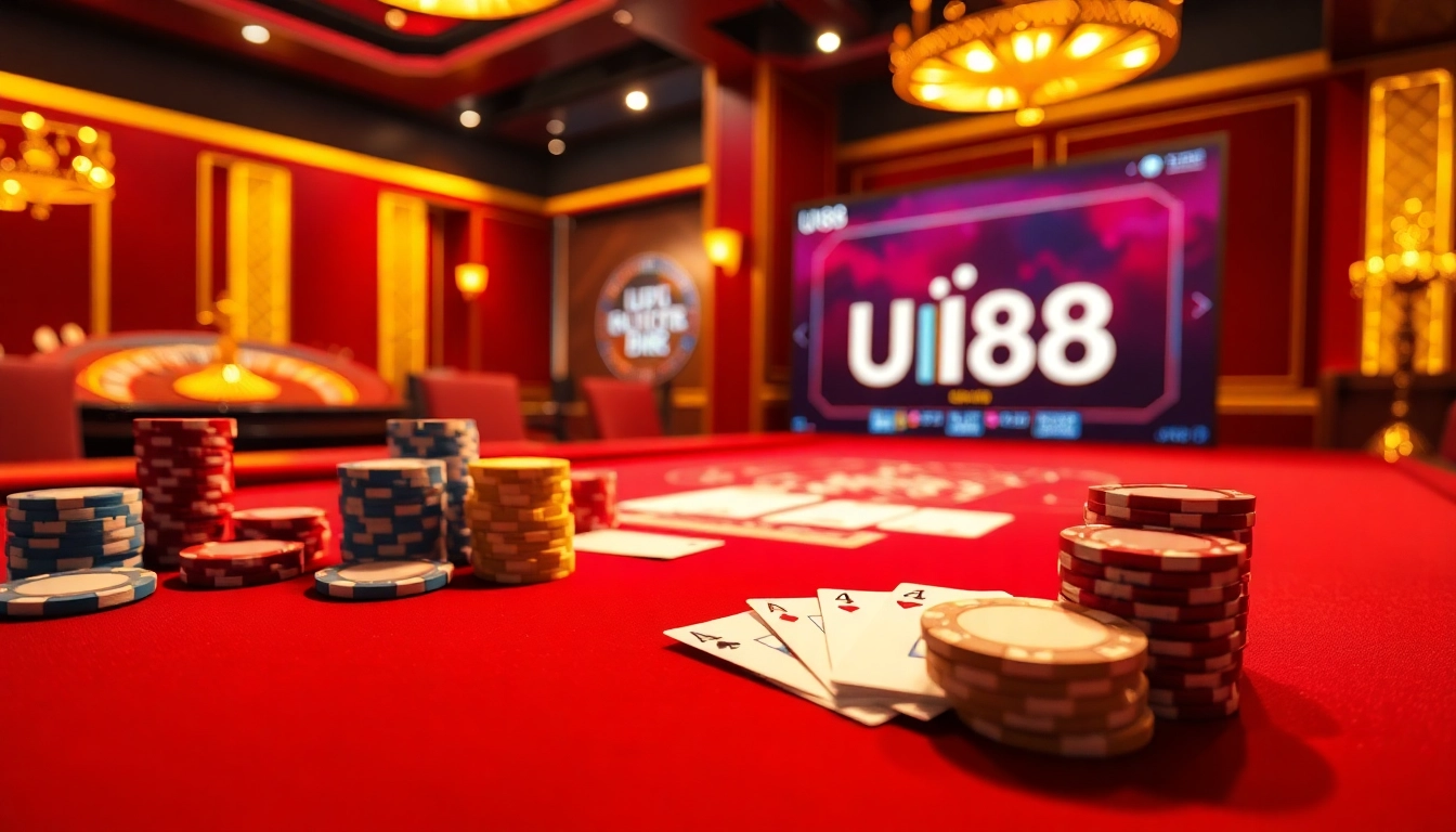 UU88 casino scene featuring a luxurious poker table, vibrant chips, and roulette.