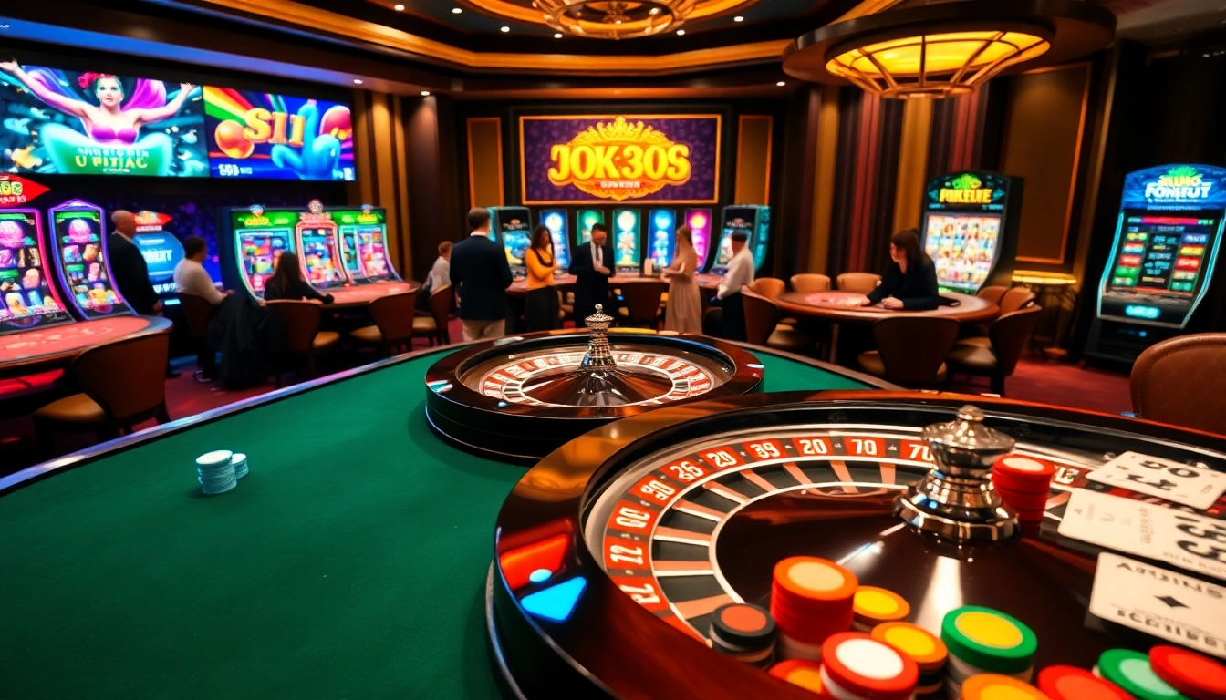 Players enjoying a thrilling game at Nhà cái OK365 casino, featuring poker and roulette tables.