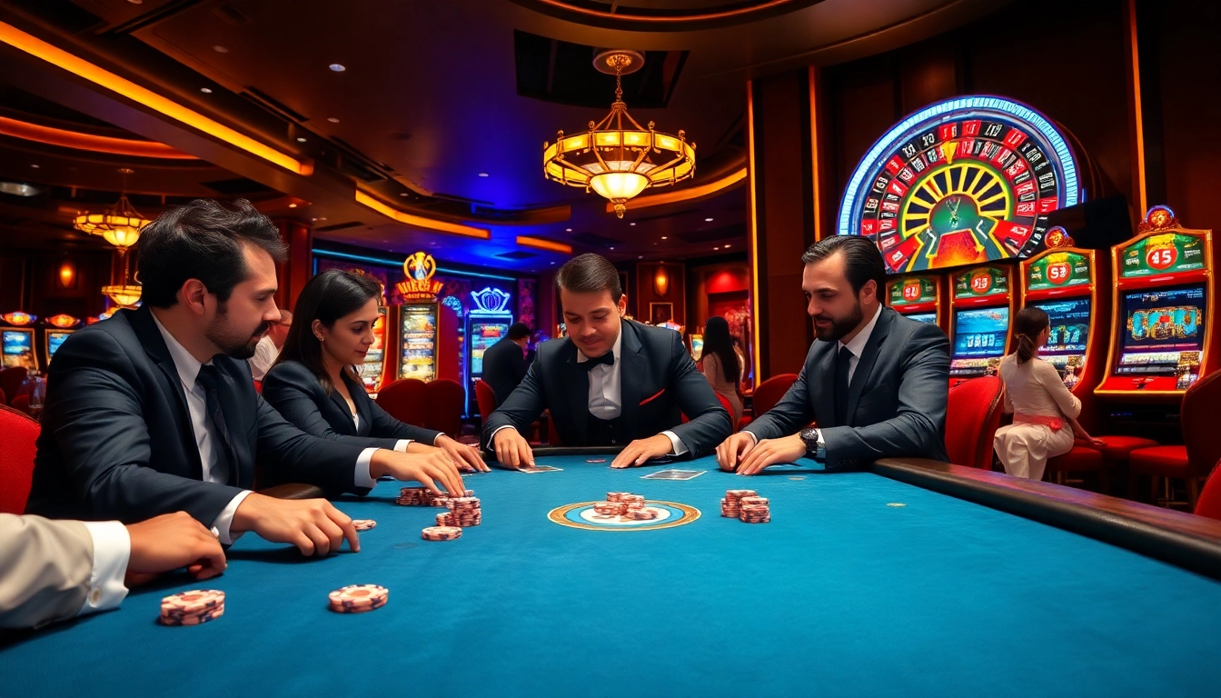 High-stakes poker game at https://king88b.us.com/ with professional players and vibrant casino atmosphere.