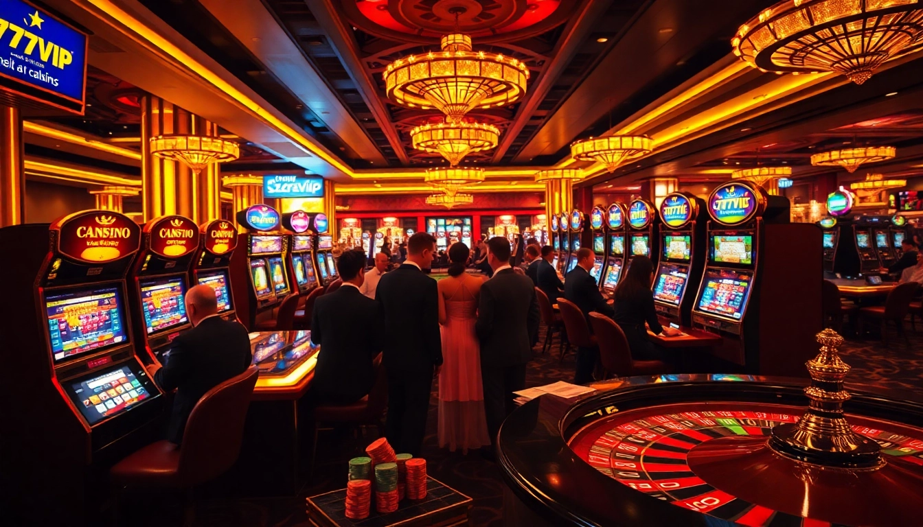 Experience an exciting game at 777VIP casino with vibrant slot machines and engaging players.