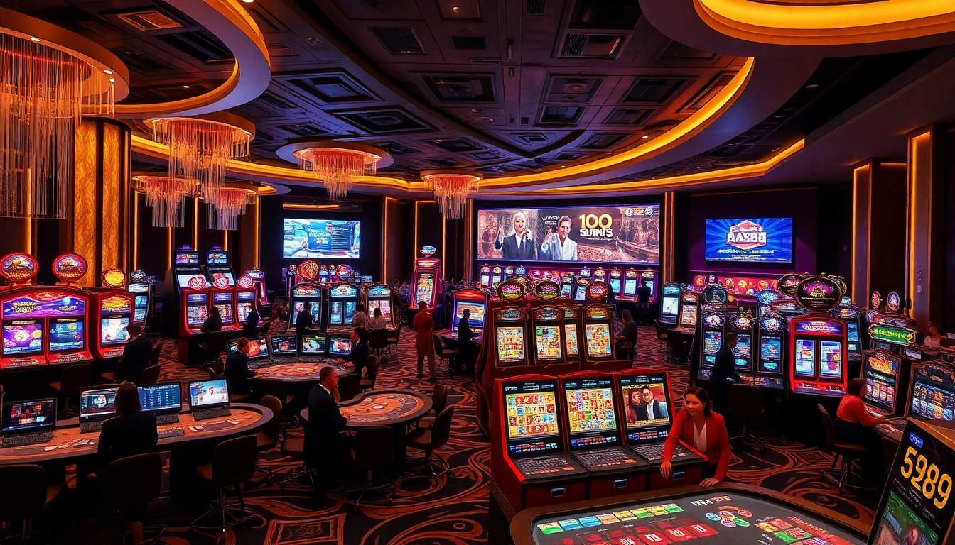 GG 88 casino scene with vibrant slot machines and engaging players, showcasing a luxurious atmosphere.