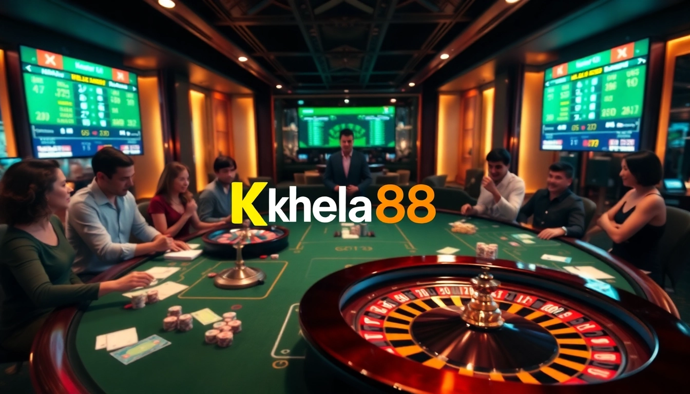 Khela88 players excitedly engaging in online gambling at a luxurious virtual casino table.