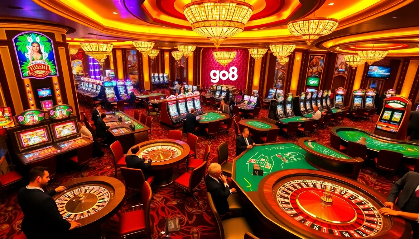 Exciting gaming scene at a go8 casino with players at tables and colorful slot machines.