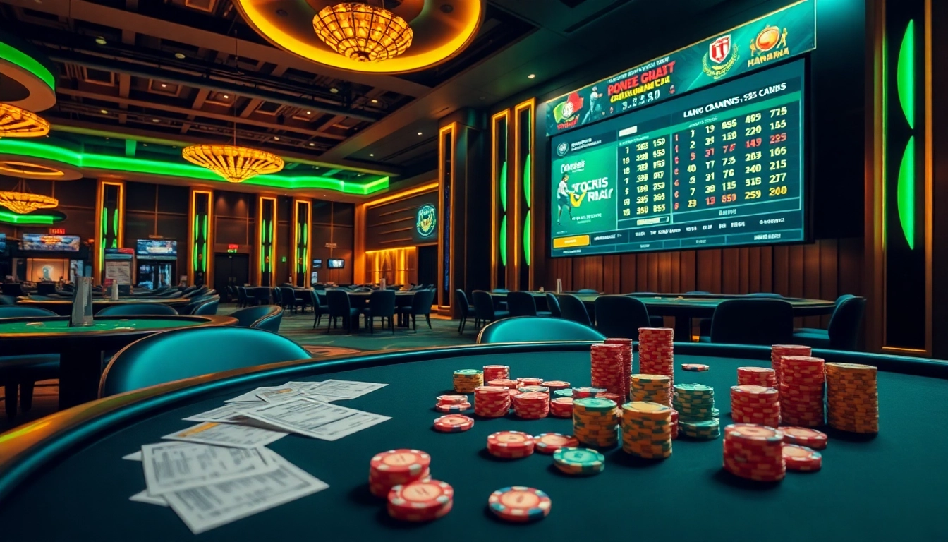 Kèo bóng đá betting scene with vibrant casino tables showcasing live match odds and betting slips.