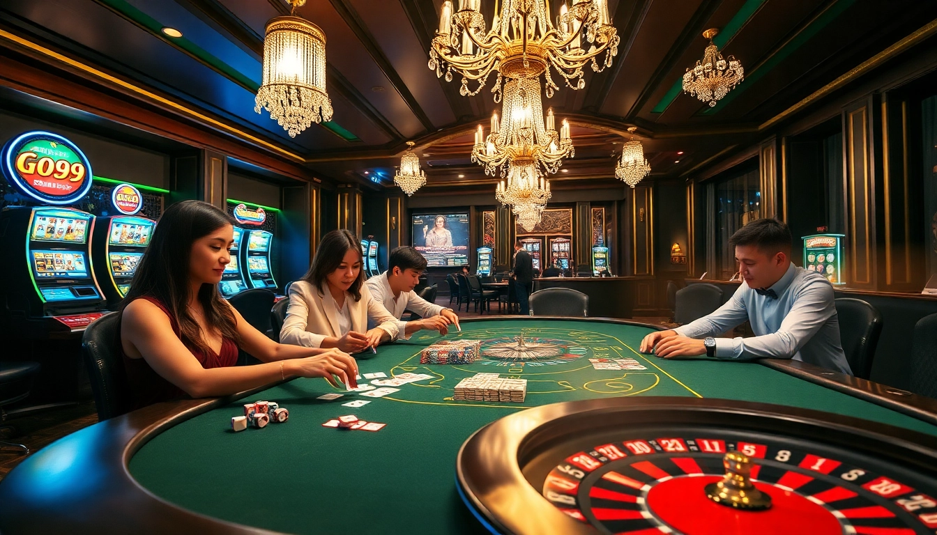 Engage in a thrilling poker game at the luxurious Go99 casino with vibrant lighting and players in action.
