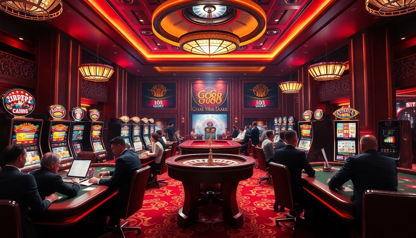Tải GO88 with players engaging in thrilling casino games, highlighted by vibrant slots and poker tables.