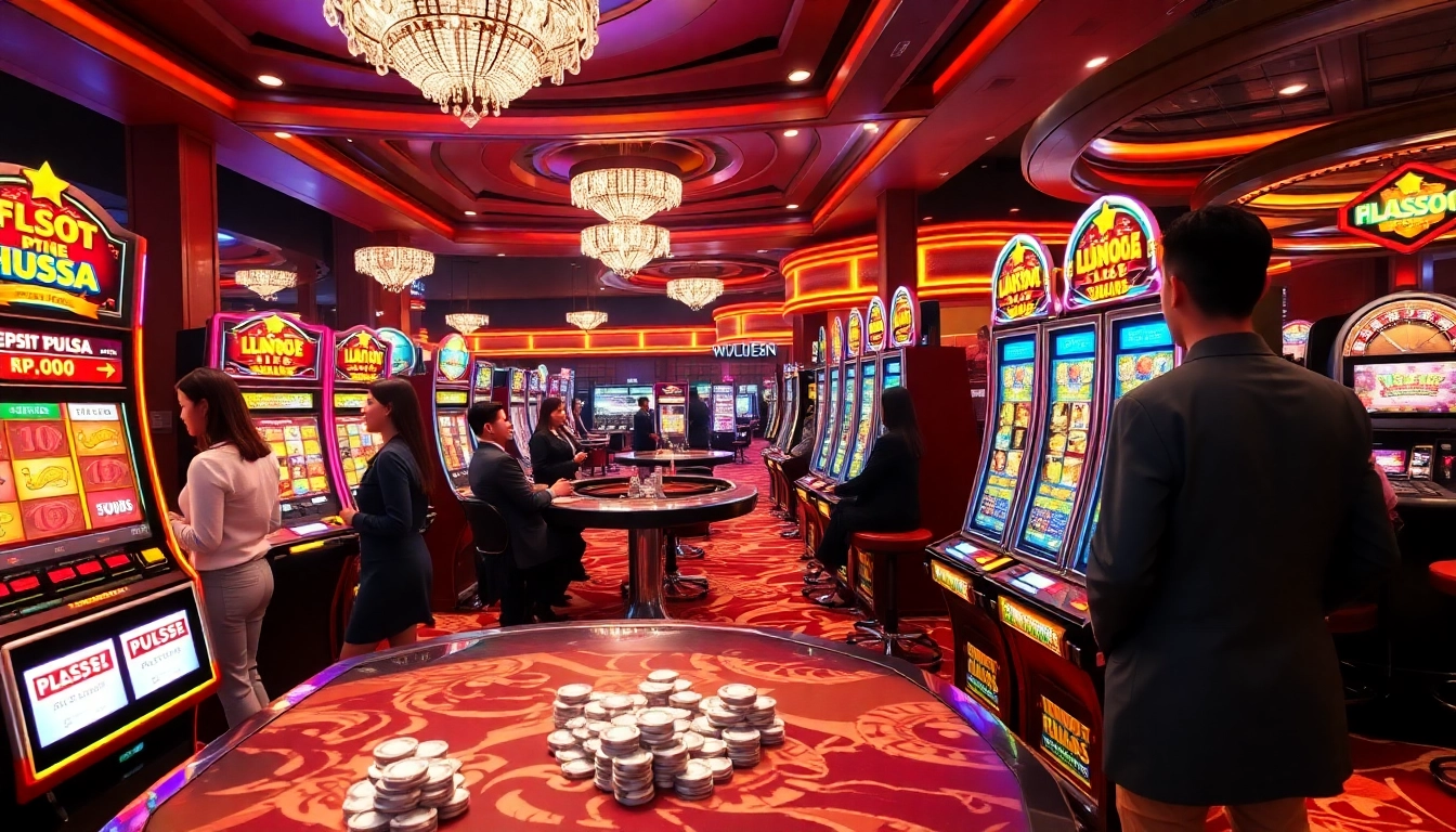Para pemain menikmati permainan slot depo pulsa di kasino berwarna-warni dengan mesin yang meriah dan atmosfer yang mendebarkan.