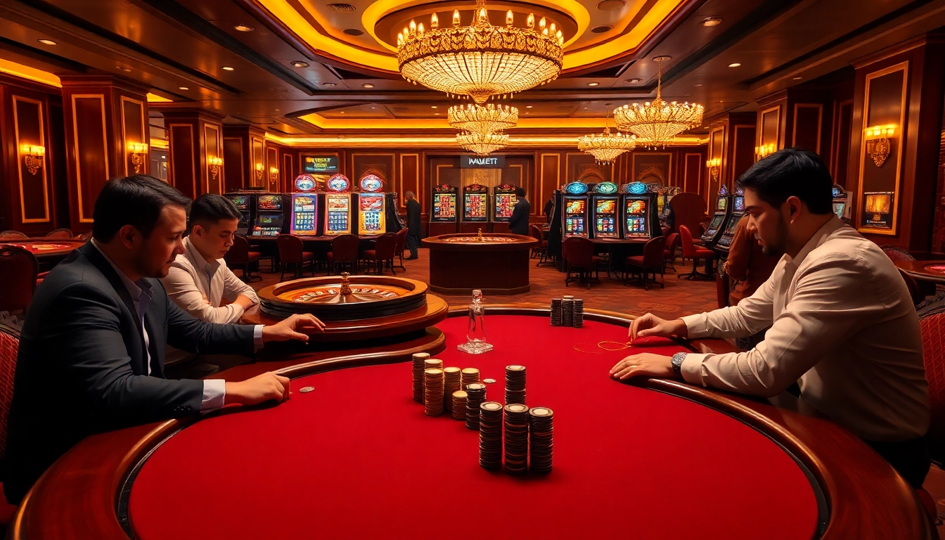High-stakes poker game at https://jun88pl.com/, showcasing poker chips and roulette wheels in an elegant casino setting.