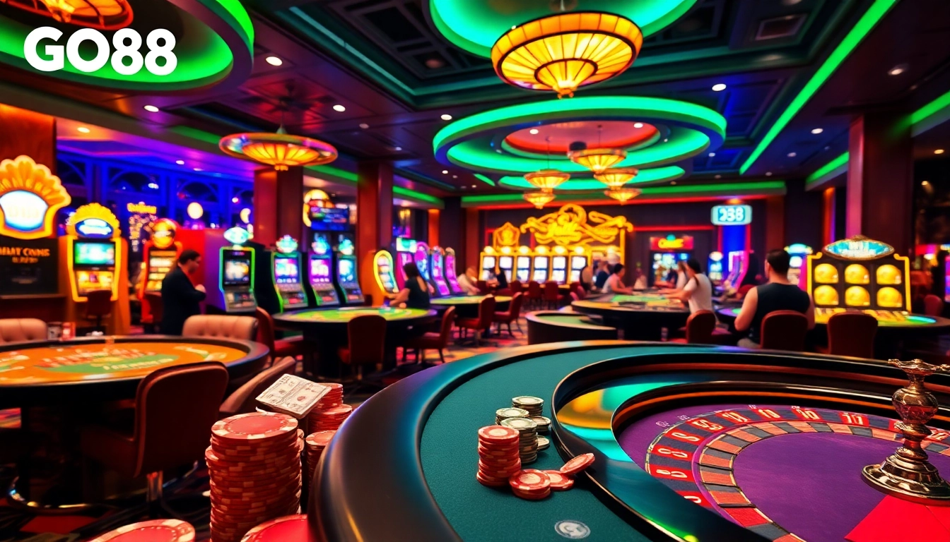 GO88 players enjoying an exciting game night with vibrant casino tables and dynamic lighting.