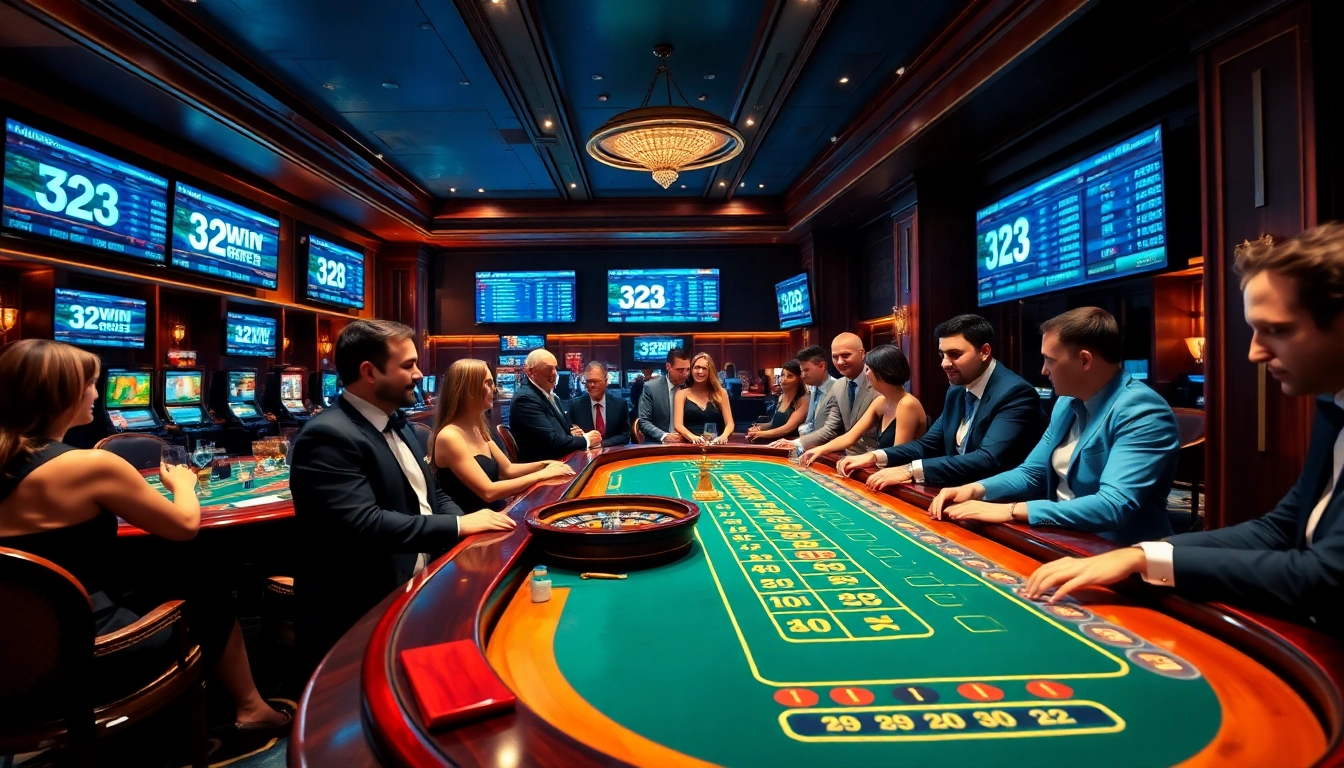 Experience the thrill of gambling with 32win at a high-stakes casino table featuring poker and roulette.