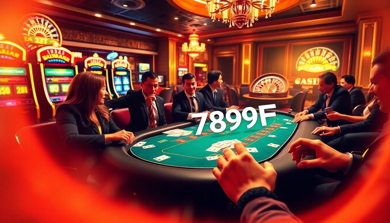 Exciting gambling scene with 789F poker table, chips, and flashing slot machines.