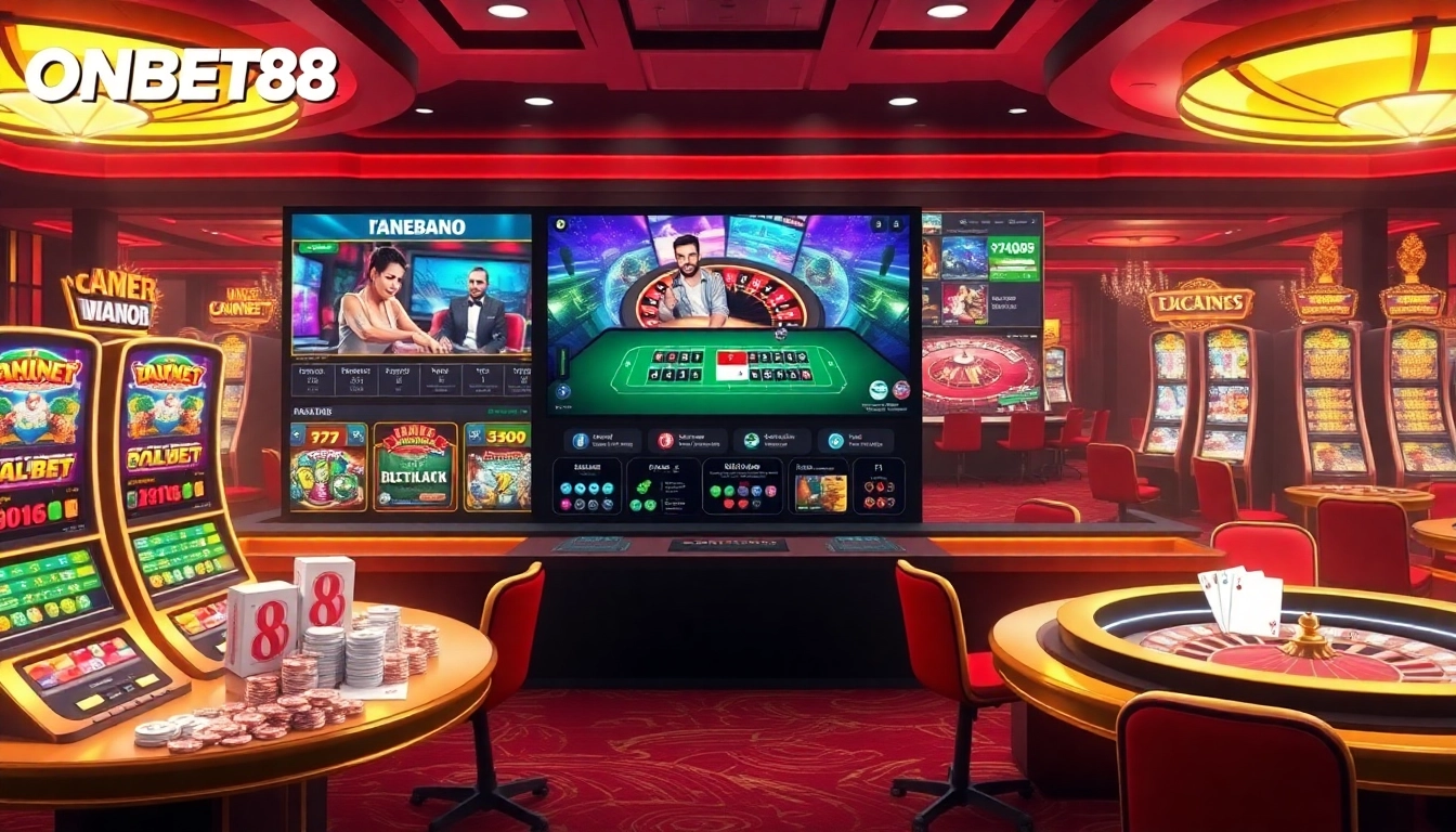 Experience the excitement of ONBET88 with vibrant casino tables and colorful gaming elements.