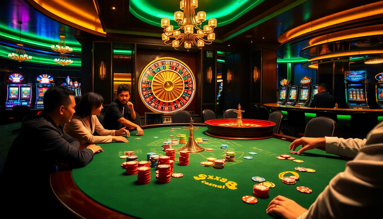 SX88 casino scene with tense poker game, roulette wheel, and sparkling slot machines.