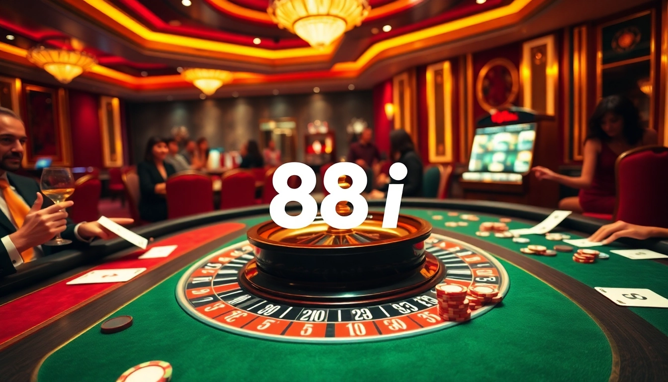 Players enjoying a thrilling roulette game at 88i casino, surrounded by luxury décor and poker chips.