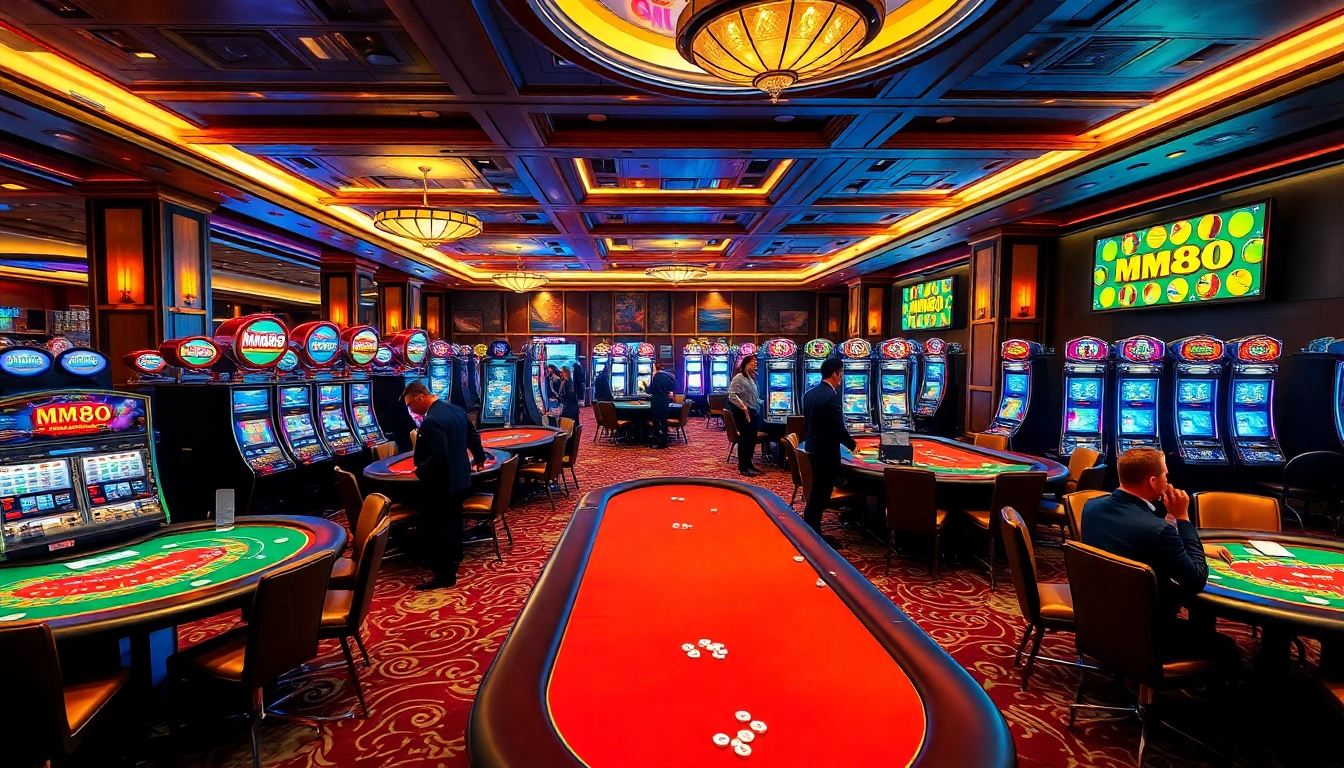 Engaged players enjoying their time at MM88 casino tables with vibrant slot machines in a luxurious setting.
