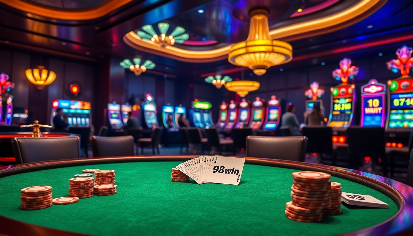 Players enjoying a lively game at the luxurious 98win casino table, complete with chips and cards.