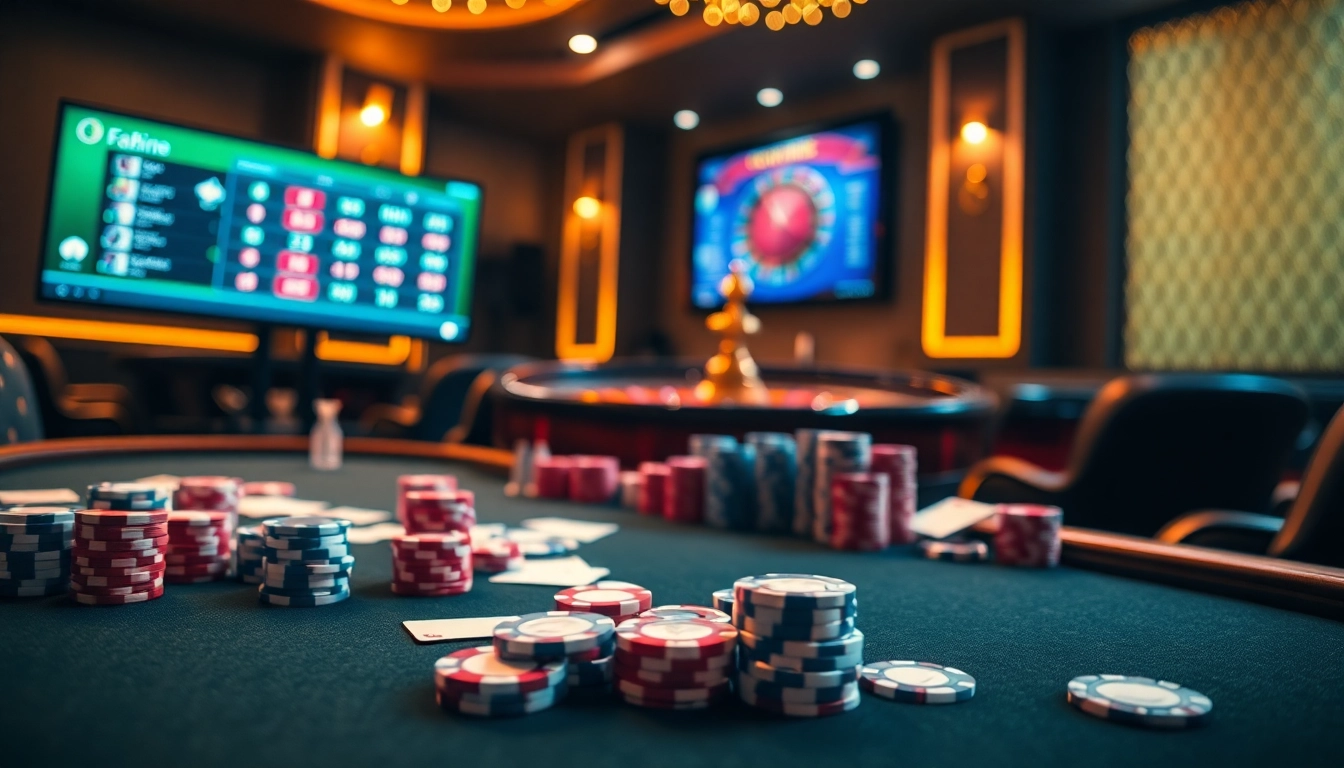 Engaging scene at http://fabet0.com/ featuring poker chips, cards, and a spinning roulette wheel.