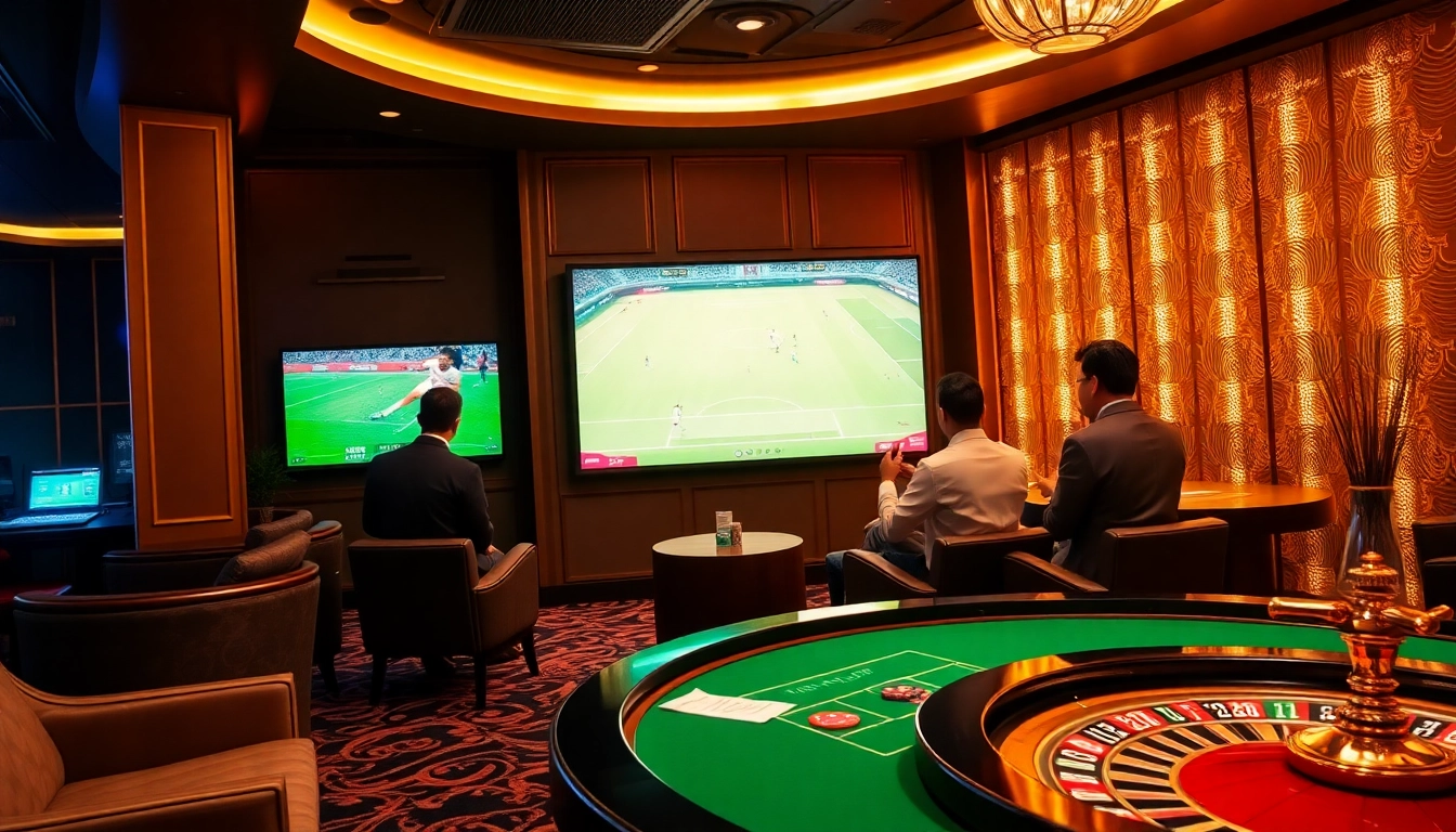 Engaging scene of Kèo Bóng Đá betting at a luxury sports lounge with bettors excitedly placing wagers.