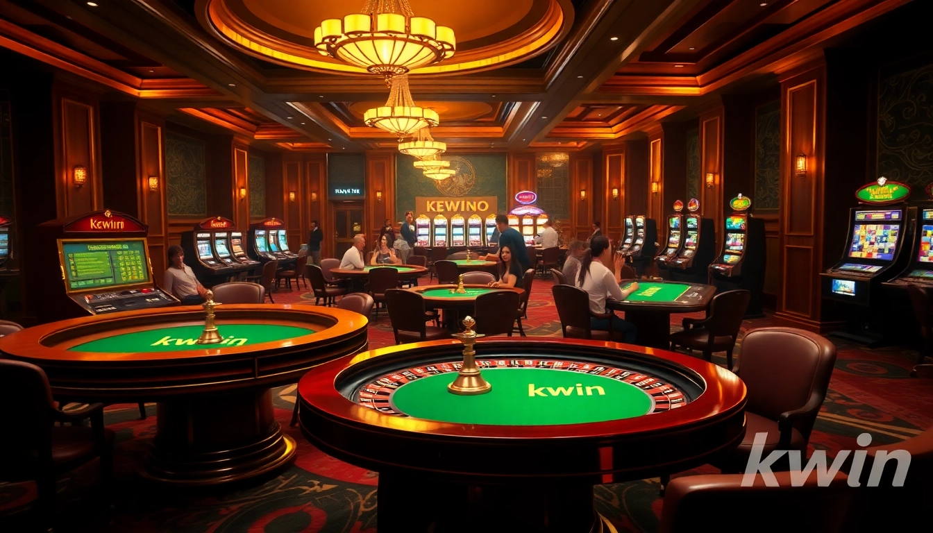Exciting gambling scene featuring KWIN-branded roulette wheels and poker tables in a luxurious casino.