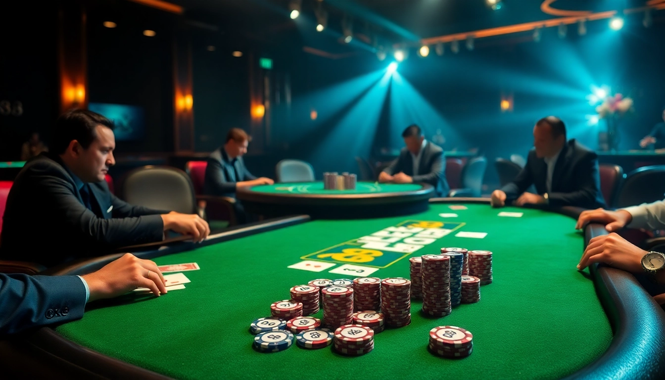 X88 branded poker chips and cards in an elegant casino, showcasing strategic gameplay.