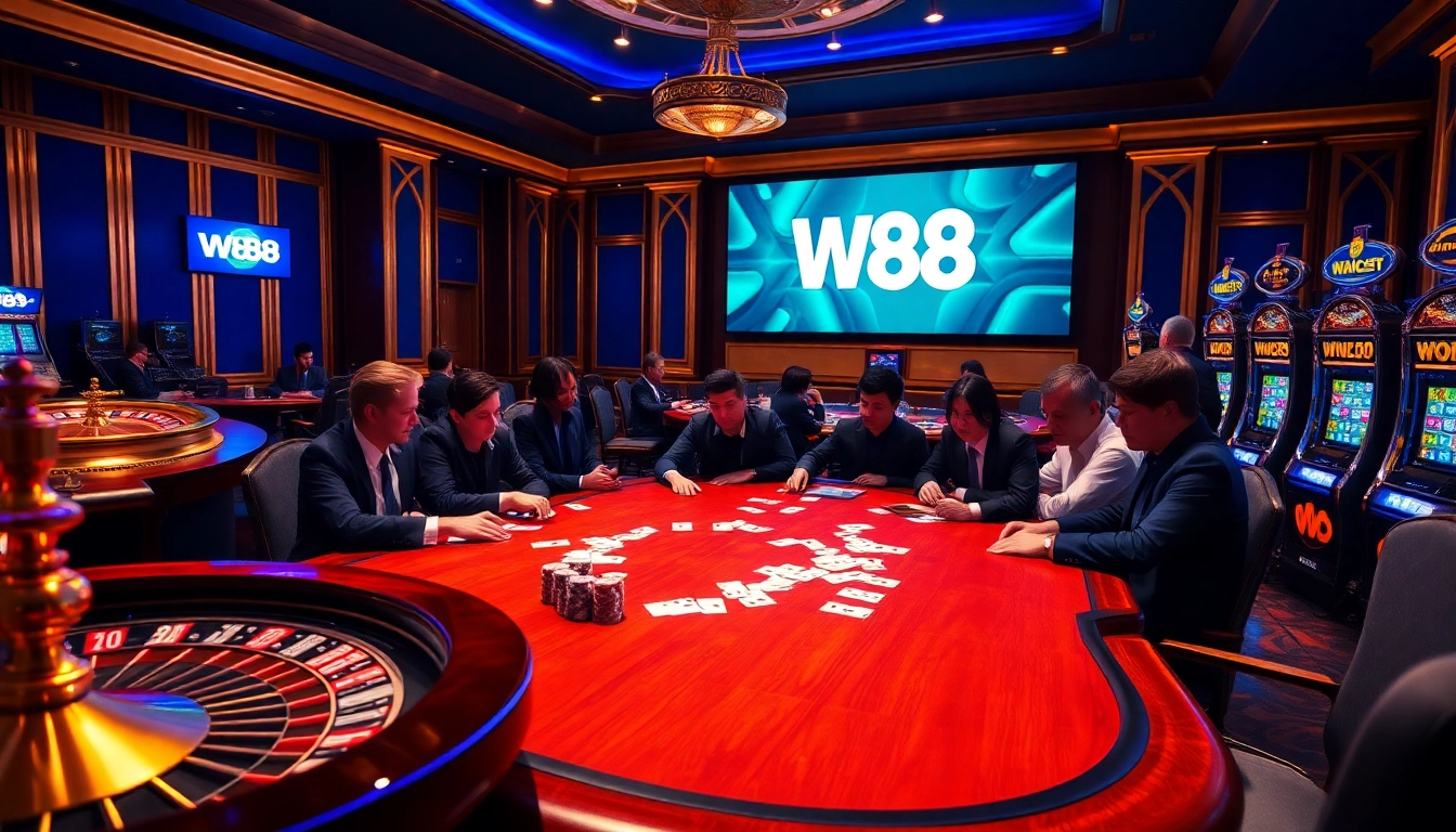 Experience the excitement of W88 at a luxurious casino poker table with high-stakes action.