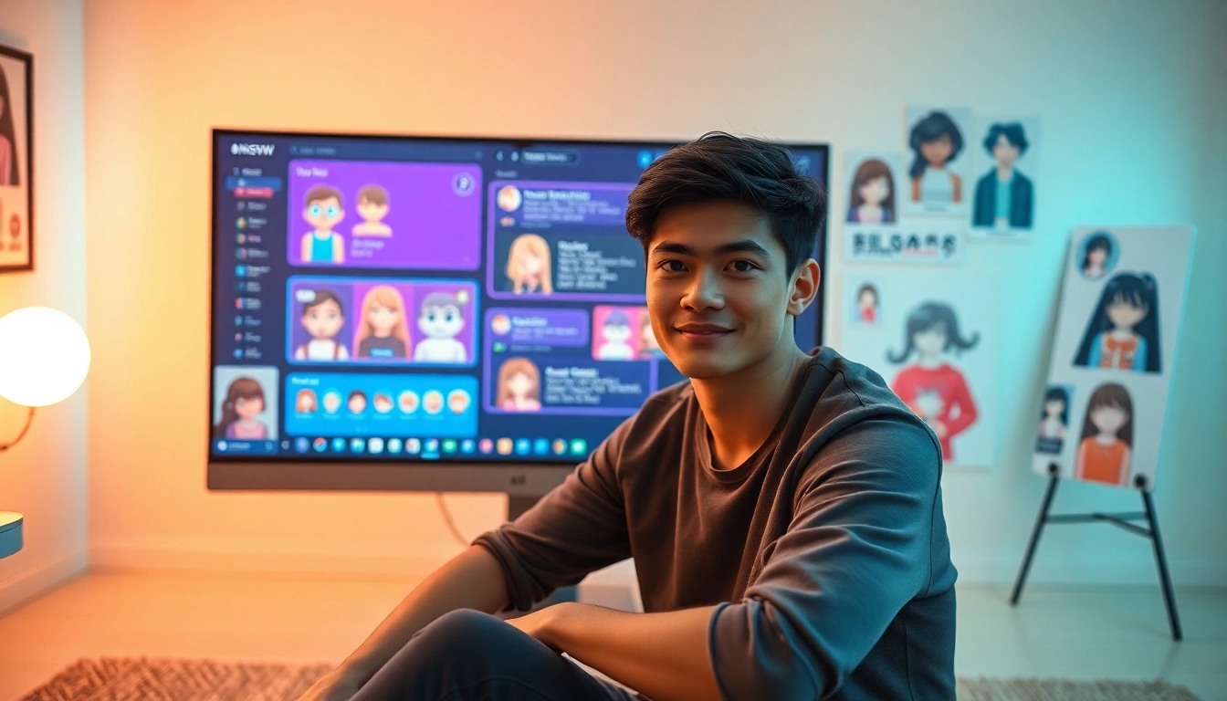 Engaging NSFW character AI chat experience with vibrant animated characters and a modern interface.