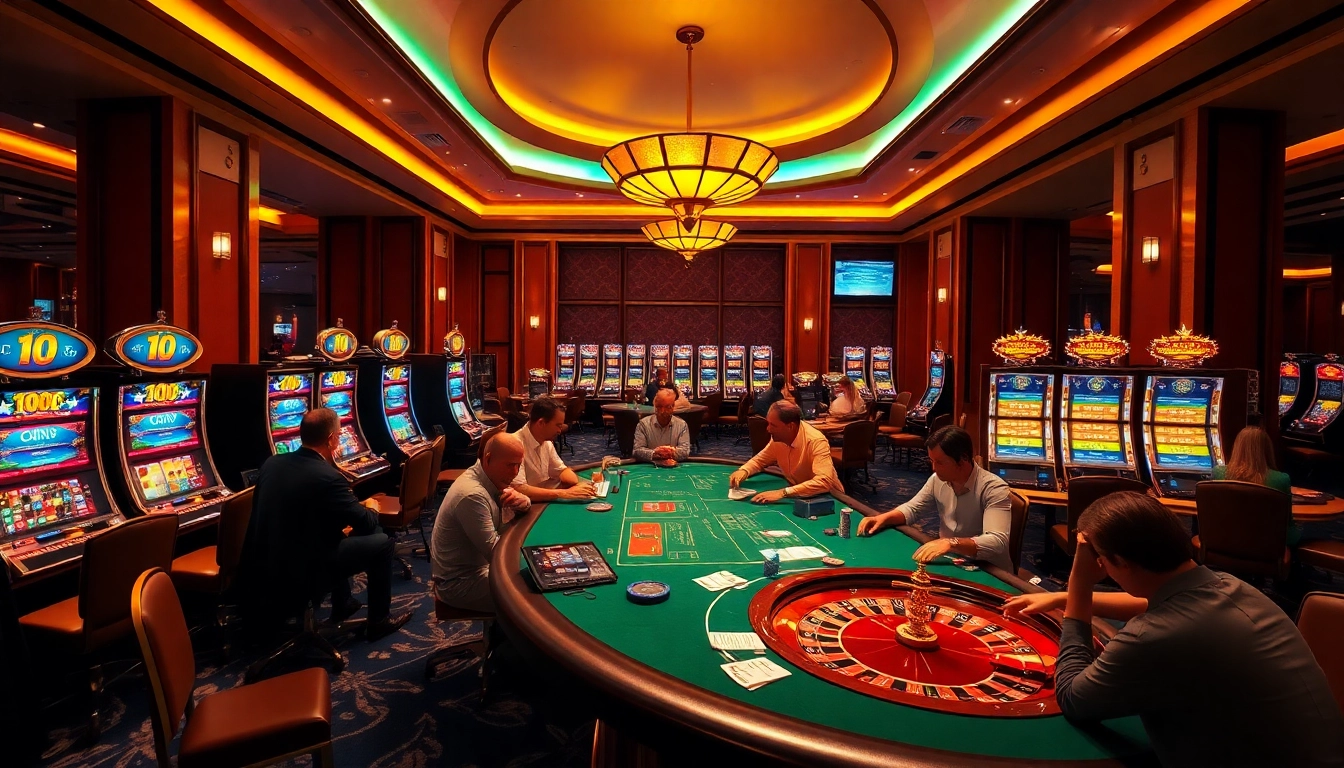 Exciting gaming experience at Luck8 featuring vibrant poker tables and luxurious casino decor.