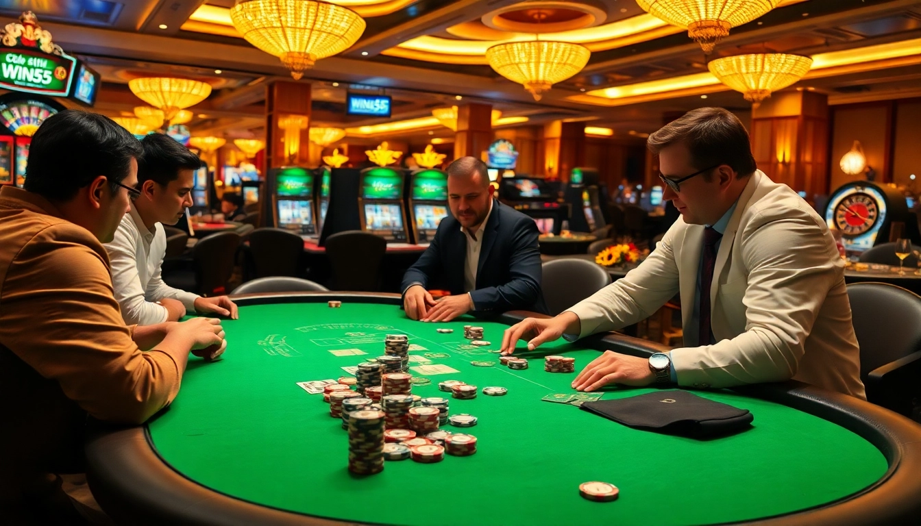 Excited players strategizing at a poker table featuring Win55 as the ultimate online gambling interface.