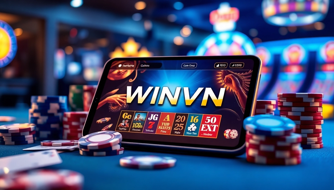 Experience the excitement with winvn88.live, showcasing an immersive online casino setup featuring poker chips and vibrant game symbols.