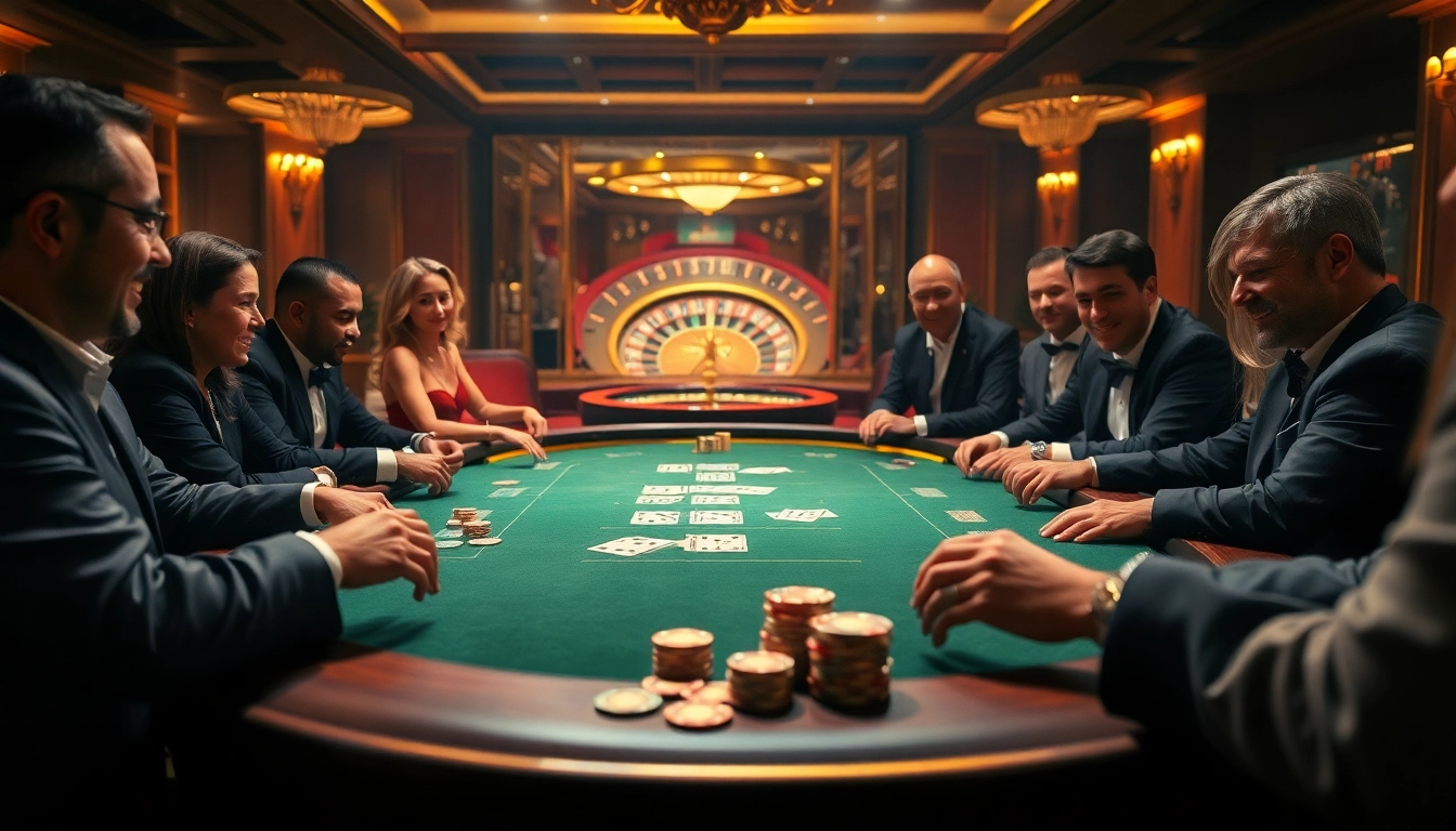 Players enjoying a thrilling poker game at an upscale casino, embodying the excitement of okking.