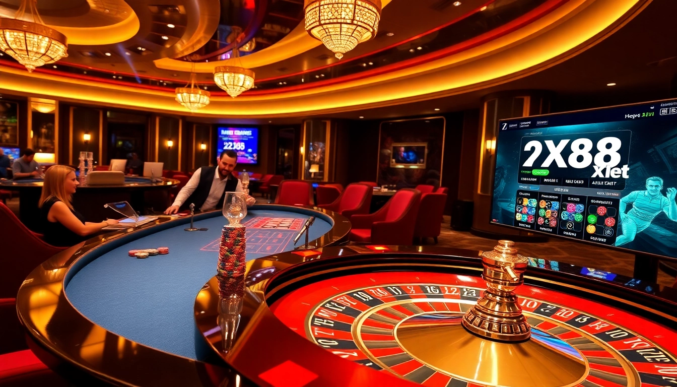 Gamble at https://xx88.se.net/ with vibrant roulette and excited players in a luxurious casino.