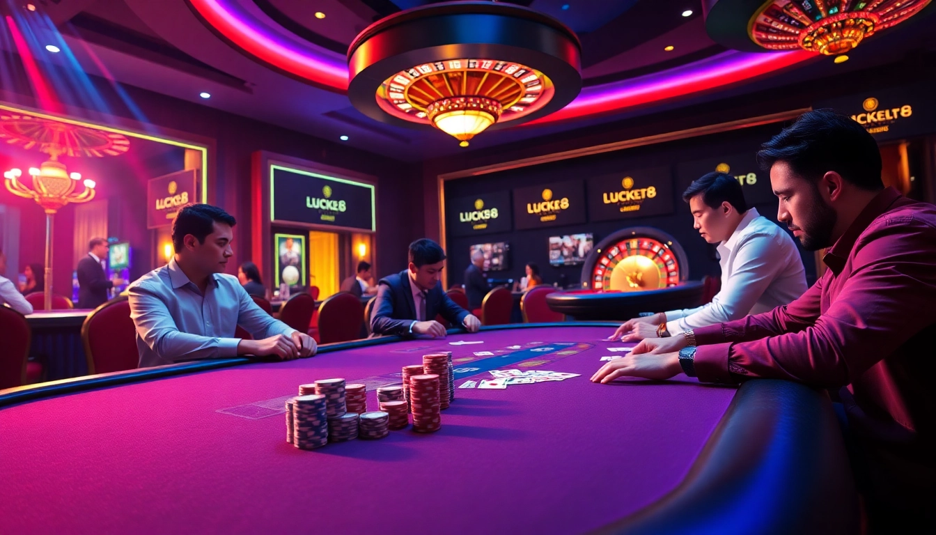 Professional gamblers enjoying a game at Luck8's vibrant casino table.