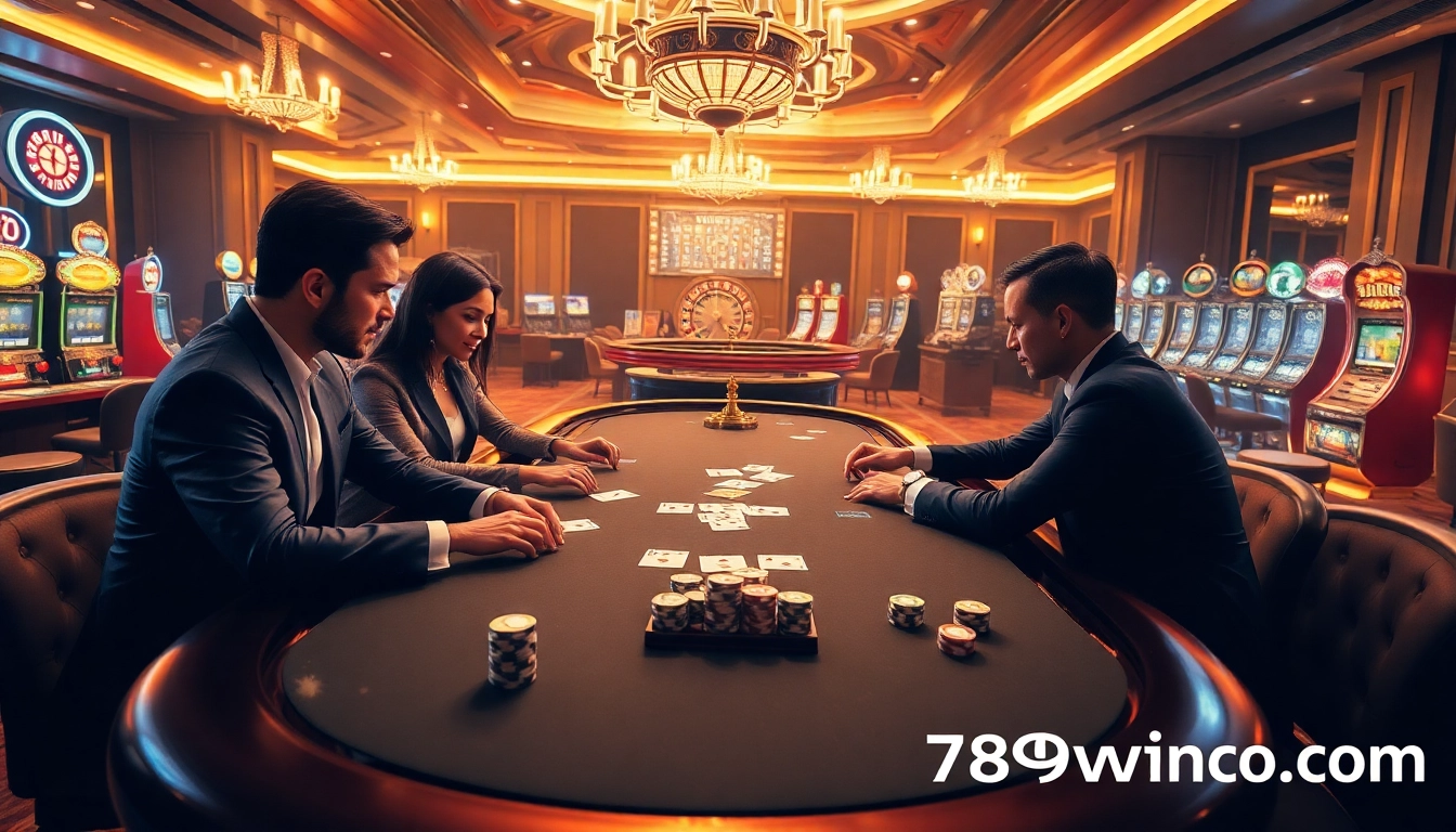 Engage in a thrilling poker game at 789winco.com with vibrant chips and cards in a luxurious casino.