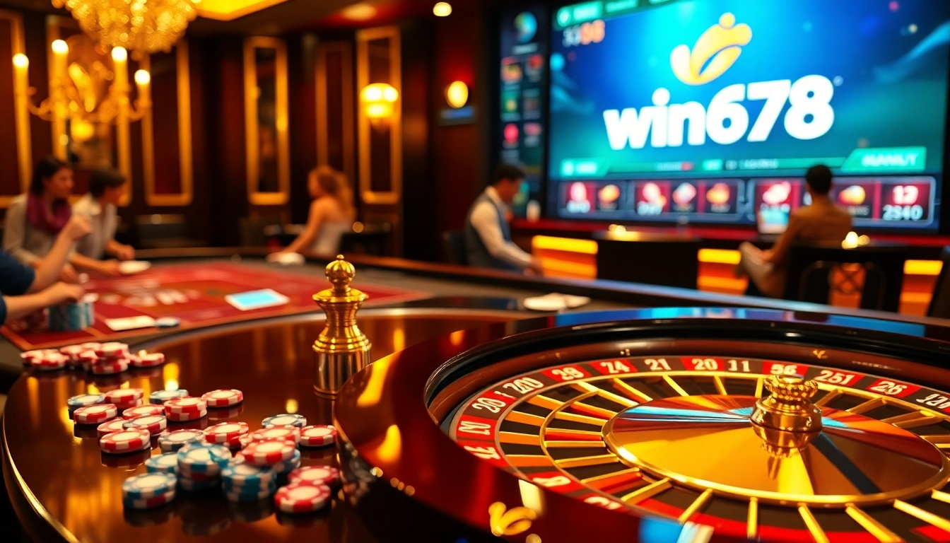 Experience the excitement of win678 with vibrant casino visuals featuring roulette and gaming interfaces.