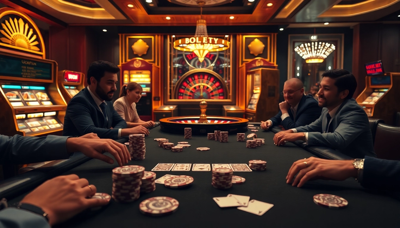 Engaging casino scene with high-stakes poker players enjoying an exciting okfun gaming atmosphere.